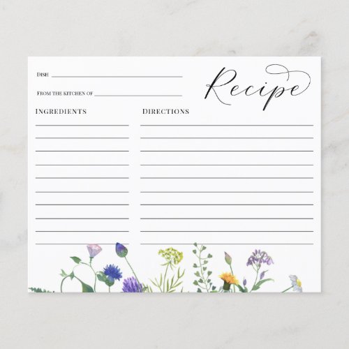 Wildflower Fields Bridal Shower Recipe card