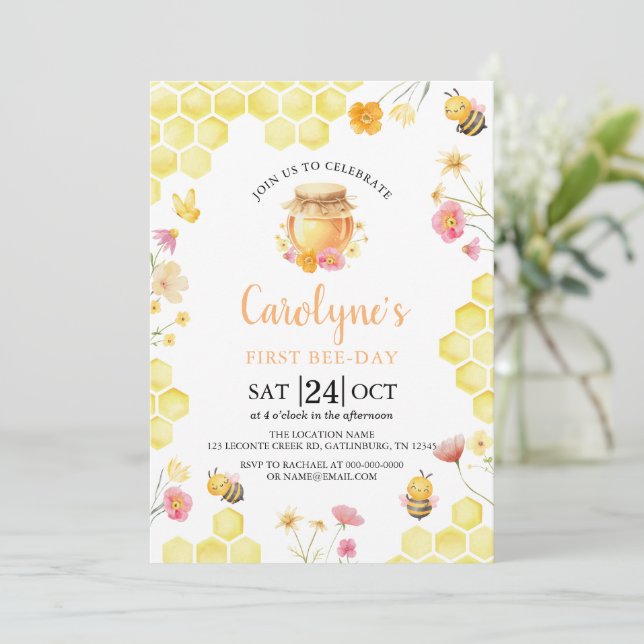 Wildflower First Bee Day 1st Birthday Invitation (Standing Front)