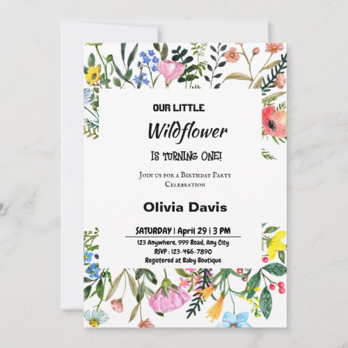  Wildflower First Birthday Party Invitation 