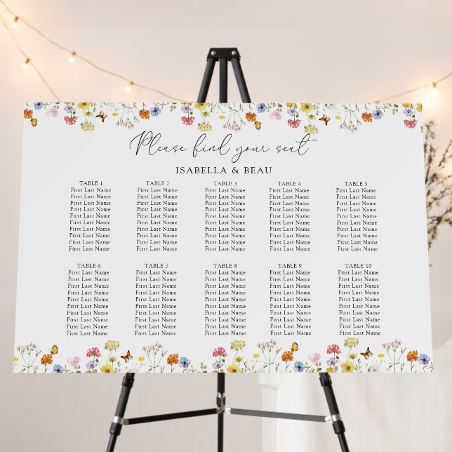 Wildflower Floral 10 Table Wedding Seating Chart Foam Board (In Situ (Stand))