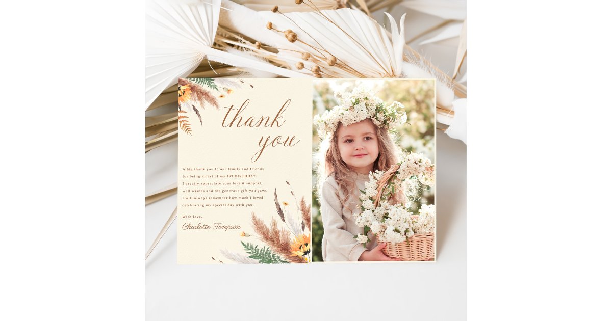 Wildflower Floral 1st Birthday Photo Thank You Card | Zazzle