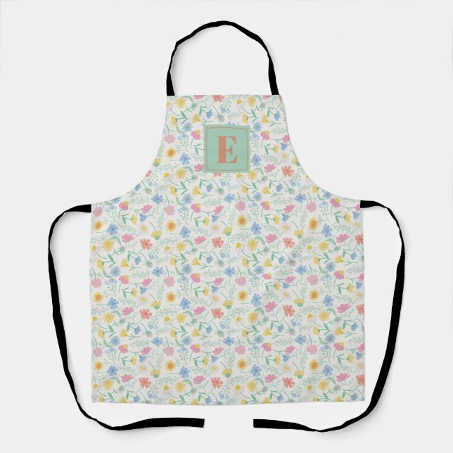 Wildflower Floral All-Over Print Apron with Initia (Front)