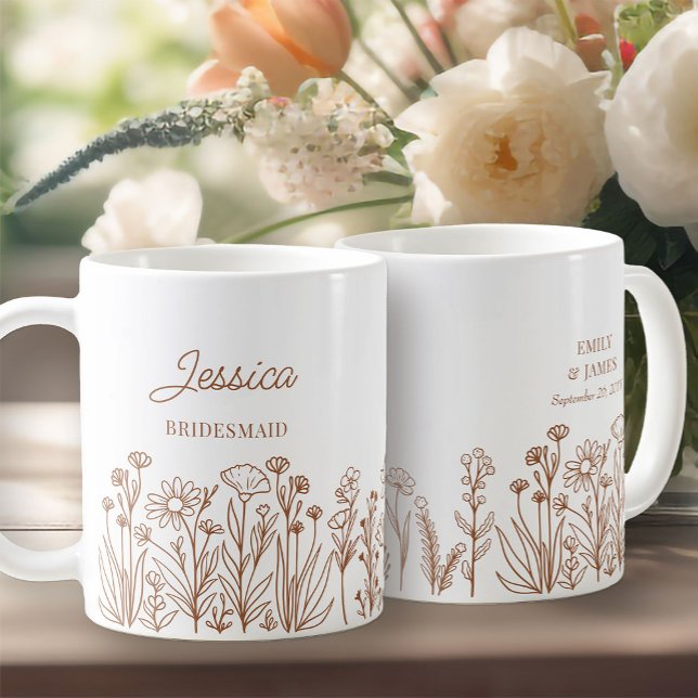 Wildflower Floral Any Color Line Drawn Bridesmaid Coffee Mug (Wildflower Wedding Party Gift Mug to personalize for your bridesmaids, mother of the bride etc ..)