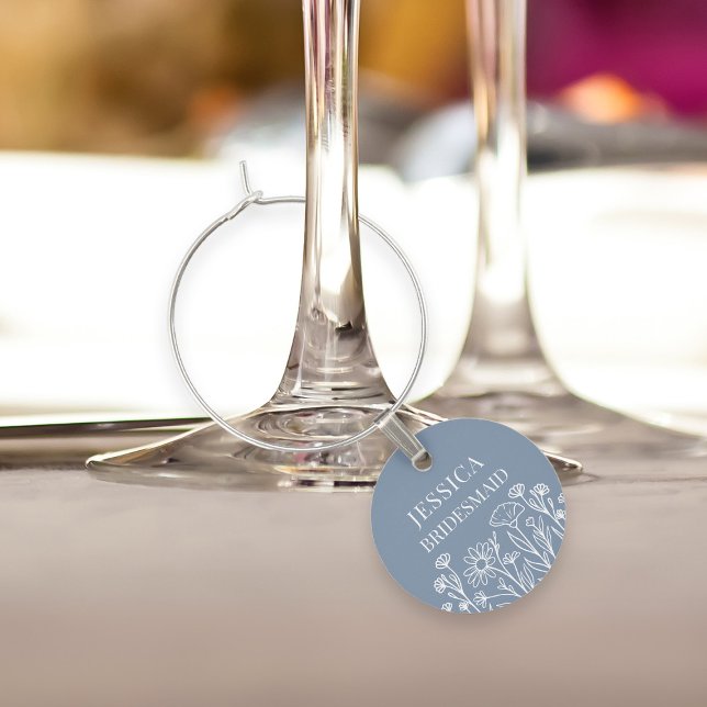 Wildflower Floral Any Color Wedding Top Table Wine Charm (Wine charm name tage .. personalize for wedding party and change to any color)