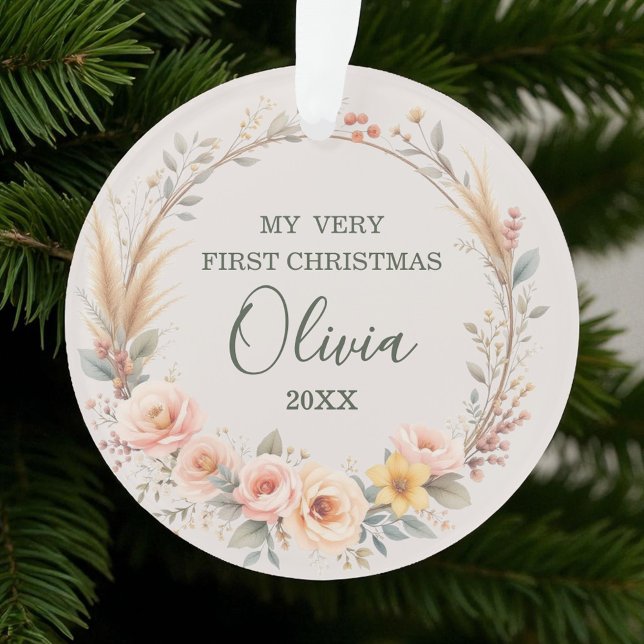 Wildflower Floral Baby First Christmas Personalize Ornament (Creator Uploaded)
