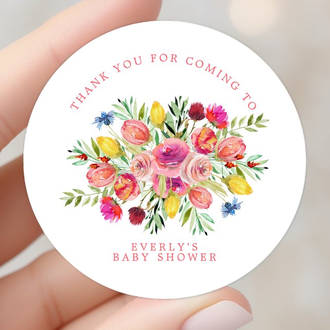 Wildflower Floral Baby Shower Thank You Classic Round Sticker (Creator Uploaded)