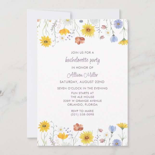 Wildflower Floral Bachelorette Party Invitation (Front)