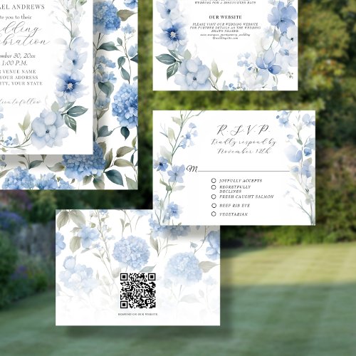 Wildflower Floral Blue and White Elegant Wedding RSVP Card