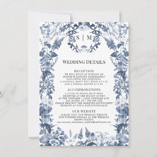 Wildflower Floral Blue and White Wedding Details Invitation