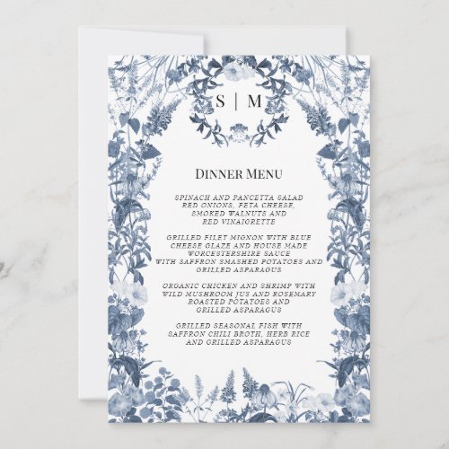 Wildflower Floral Blue and White Wedding Menu Invitation