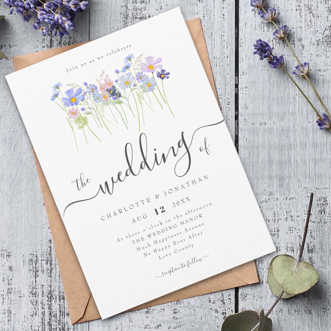 Wildflower Floral Blue Pink Wedding Invitation (Elegant watercolor wildflower meadow blue floral wedding invitation)
