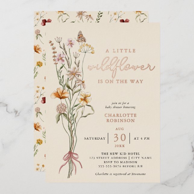 Wildflower Floral Boho Baby Shower Real Foil Invitation (Front/Back)