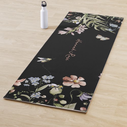 Wildflower Floral Bumble Bee  Monogram  Yoga Mat