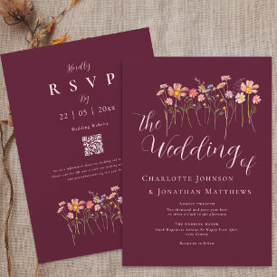 Wildflower Floral Burgundy Blush Pink QR Code Invitation