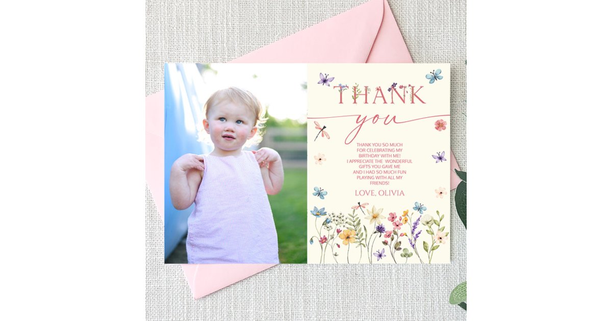 Wildflower Floral Butterfly Picture Birthday Party Thank You Card | Zazzle