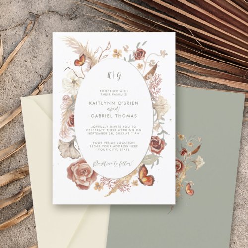 Wildflower Floral Butterfly Sage Green Watercolor  Invitation