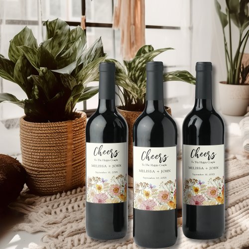 Wildflower floral cheers wedding wine label