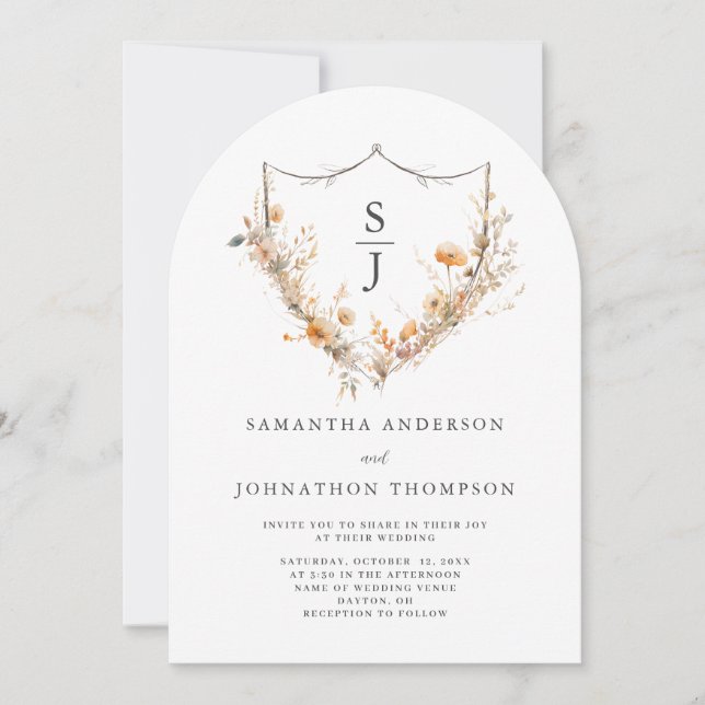 Wildflower Floral Crest Monogram Wedding Invitation (Front)