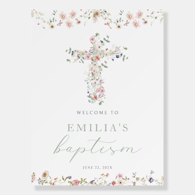 Wildflower Floral Cross Baptism Welcome Sign (Front)