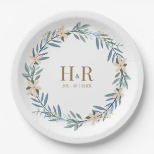 Wildflower Floral Crown Wedding Initials Paper Plates