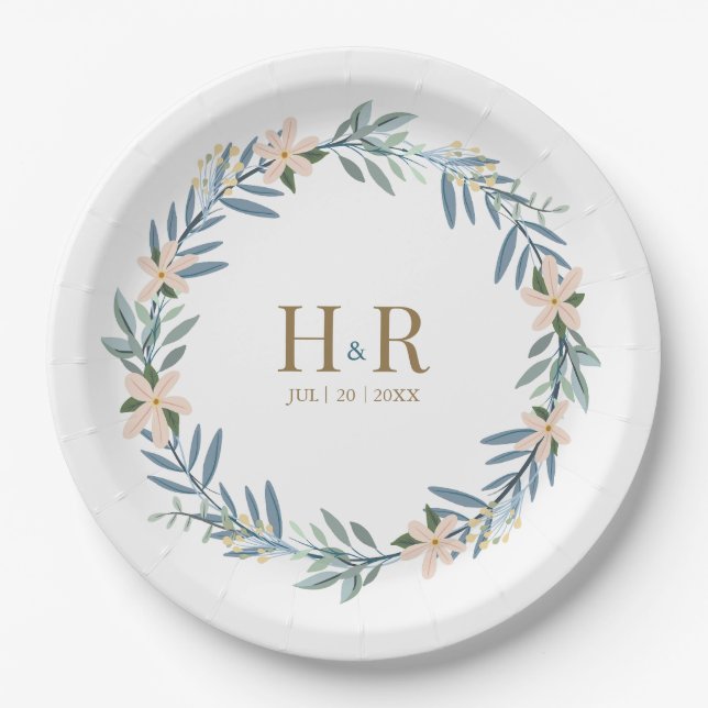 Wildflower Floral Crown Wedding Initials Paper Plates (Front)