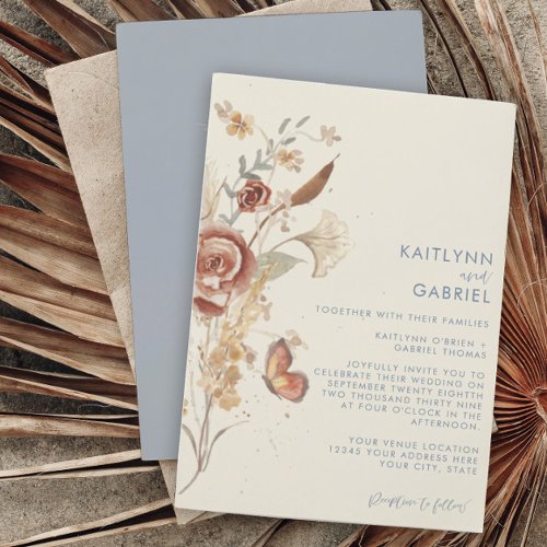 Wildflower Floral Dusty Blue Watercolor Wedding Invitation