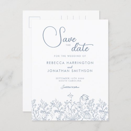 Wildflower Floral Dusty Blue Wedding Save The Date Invitation Postcard
