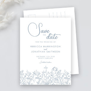 Wildflower Floral Dusty Blue Wedding Save The Date Invitation Postcard
