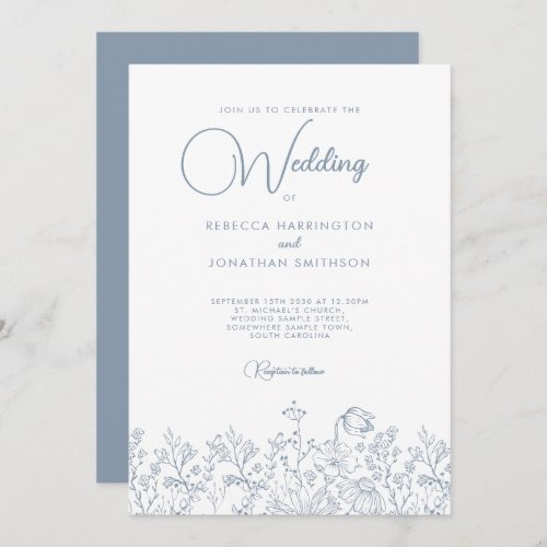 Wildflower Floral Elegant Dusty Blue Wedding Invitation