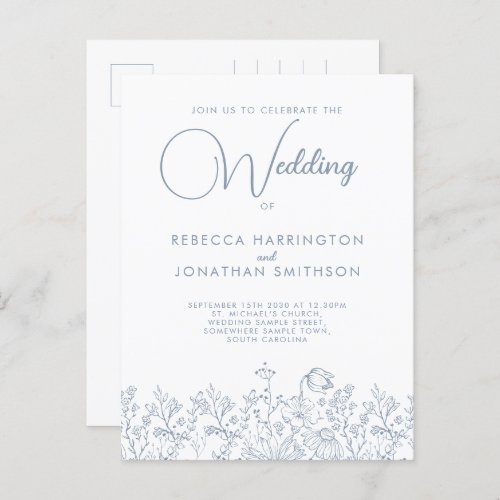 Wildflower Floral Elegant Dusty Blue Wedding Invitation Postcard
