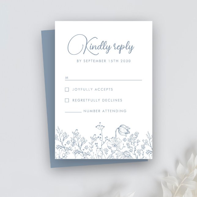 Wildflower Floral Elegant Dusty Blue Wedding RSVP Card (Creator Uploaded)