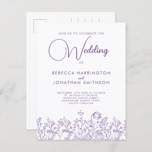 Wildflower Floral Elegant Lilac Wedding Invitation Postcard