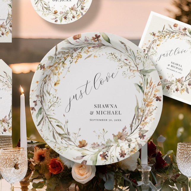 Wildflower Floral Fall Autumn Wreath BOHO Wedding Paper Plates (Creator Uploaded)