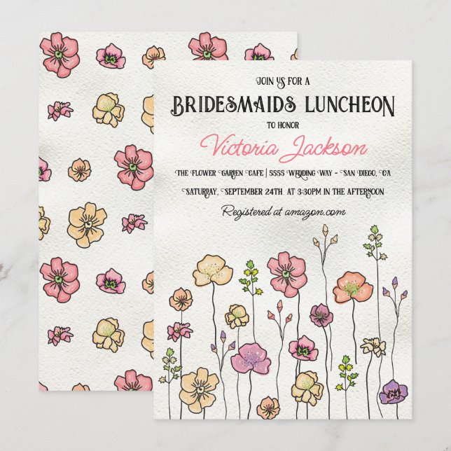 Wildflower floral garden Bridal Shower Hand drawn Invitation (Front/Back)