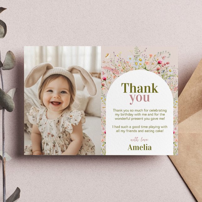 Wildflower Floral Garden Girl Birthday Photo Thank You Card (Creator Uploaded)