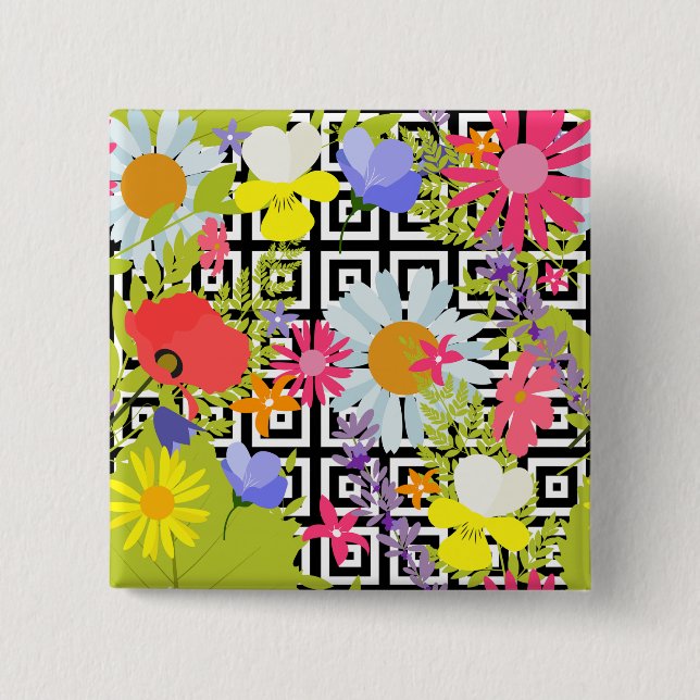 Wildflower Floral Garden on Geometric Pattern Button (Front)