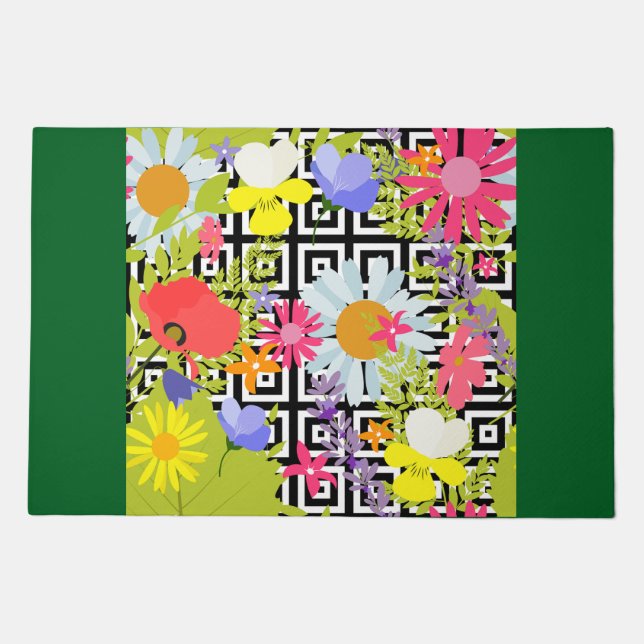 Wildflower Floral Garden on Geometric Pattern Doormat (Front)