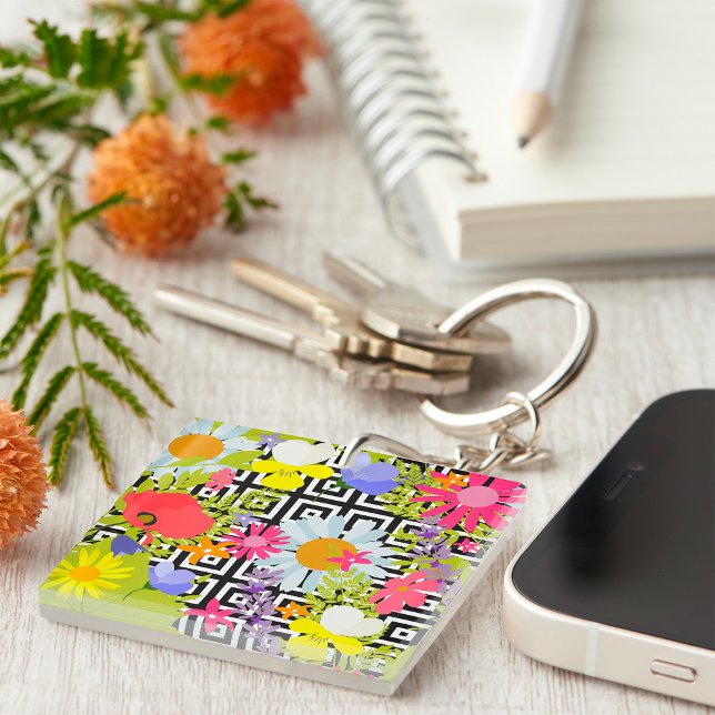 Wildflower Floral Garden on Geometric Pattern Keychain (Creator Uploaded)