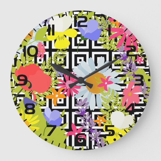Wildflower Floral Garden on Geometric Pattern Large Clock (Front)