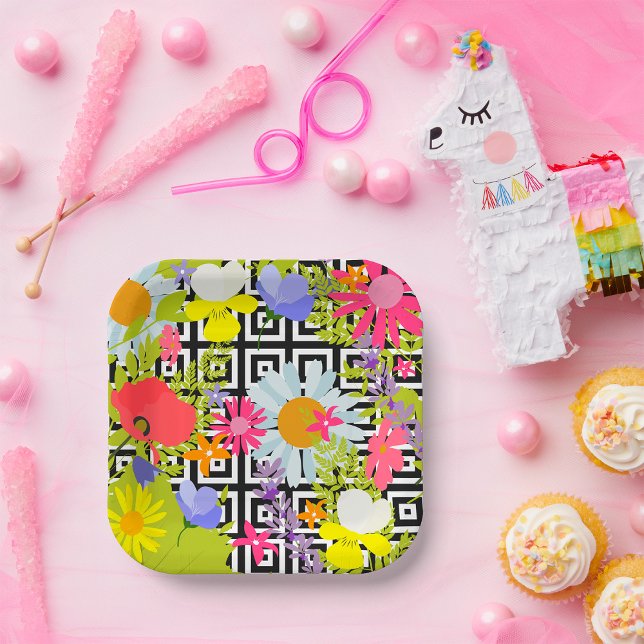 Wildflower Floral Garden on Geometric Pattern Paper Plates (Creator Uploaded)