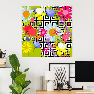 Wildflower Floral Garden on Geometric Pattern Poster
