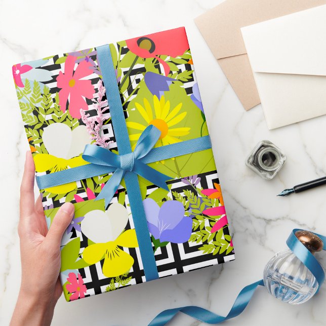 Wildflower Floral Garden on Geometric Pattern Wrapping Paper (Creator Uploaded)