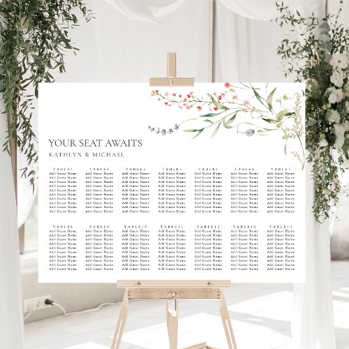 Wildflower Floral Garden Wedding 14 Table Seating Poster