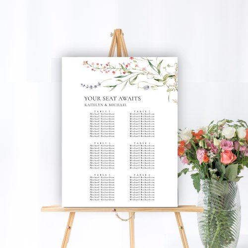 Wildflower Floral Garden Wedding 6 Table Seating Poster