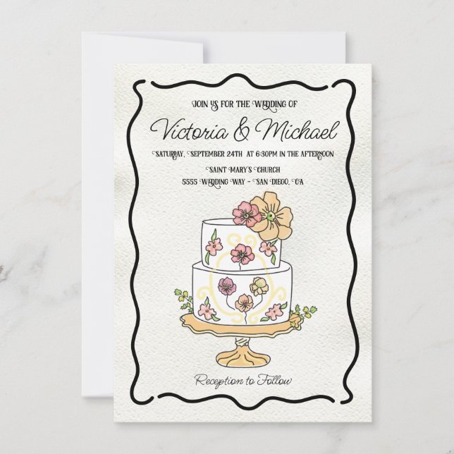 Wildflower floral garden Wedding Cake Hand drawn Invitation (Front)