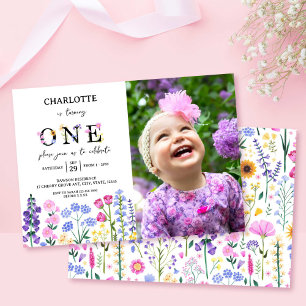 Wildflower Floral Girl First Birthday Spring Photo Invitation