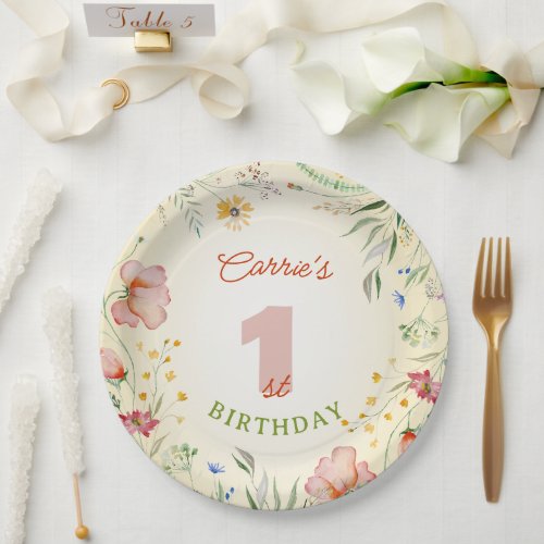 Wildflower Floral Girls 1st First Birthday One Paper Plates