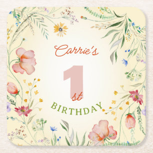 Wildflower Floral Girl's 1st First Birthday One Square Paper Coaster