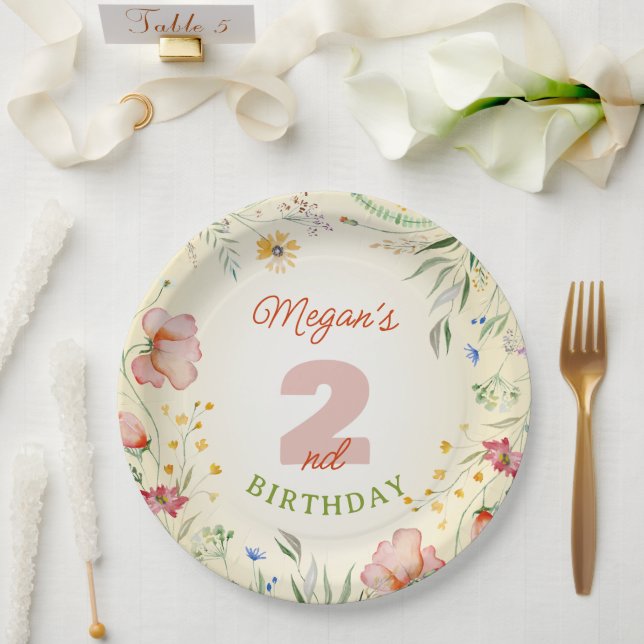 Wildflower Floral Girl's Two 2nd Second Birthday Paper Plates (Wedding)