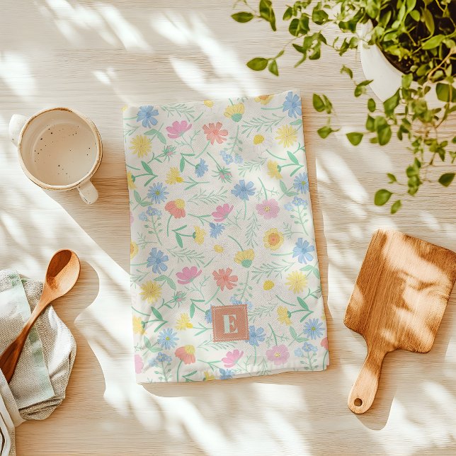 Wildflower Floral Kitchen Towel with Initial (wildflower floral kitchen towel with monogram)